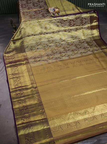 Pure kanchipuram tissue silk saree gold and purple with allover zari woven brocade weaves and long rich zari woven border