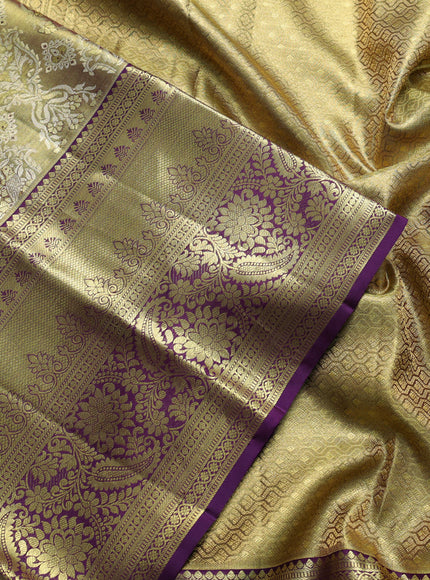 Pure kanchipuram tissue silk saree gold and purple with allover zari woven brocade weaves and long rich zari woven border