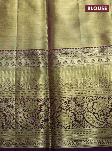 Pure kanchipuram tissue silk saree gold and purple with allover zari woven brocade weaves and long rich zari woven border