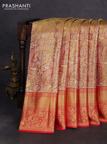 Pure kanchipuram tissue silk saree golden red and red with allover zari woven brocade weaves and rich zari woven border
