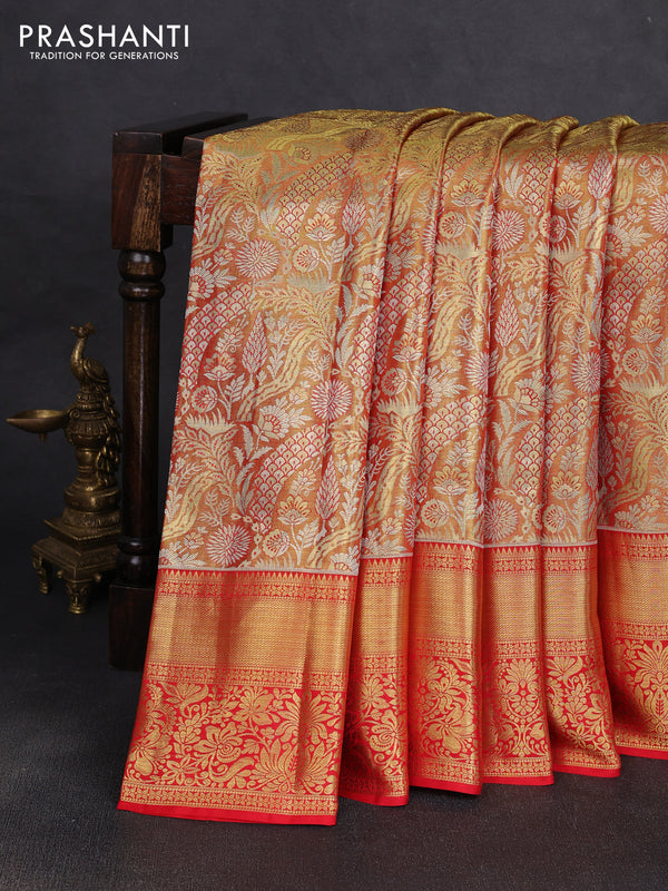 Pure kanchipuram tissue silk saree golden red and red with allover zari woven brocade weaves and rich zari woven border