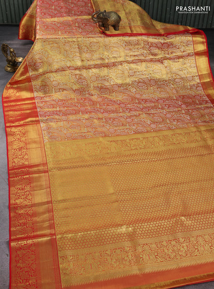 Pure kanchipuram tissue silk saree golden red and red with allover zari woven brocade weaves and rich zari woven border