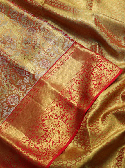Pure kanchipuram tissue silk saree golden red and red with allover zari woven brocade weaves and rich zari woven border