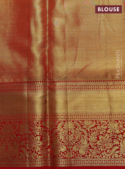 Pure kanchipuram tissue silk saree golden red and red with allover zari woven brocade weaves and rich zari woven border