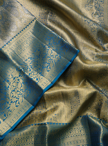 Pure kanchipuram tissue silk saree dual shade of golden blue and peacock green with allover zari woven brocade weaves and rich zari woven border