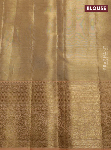Pure kanchipuram tissue silk saree gold and pale orange with allover zari woven brocade weaves and rich zari woven border