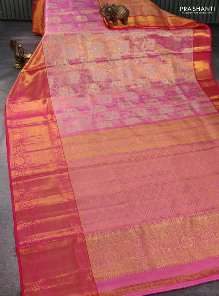 Pure kanchipuram tissue silk saree dual shade of light pink and pink with allover zari woven brocade weaves and long rich zari woven border