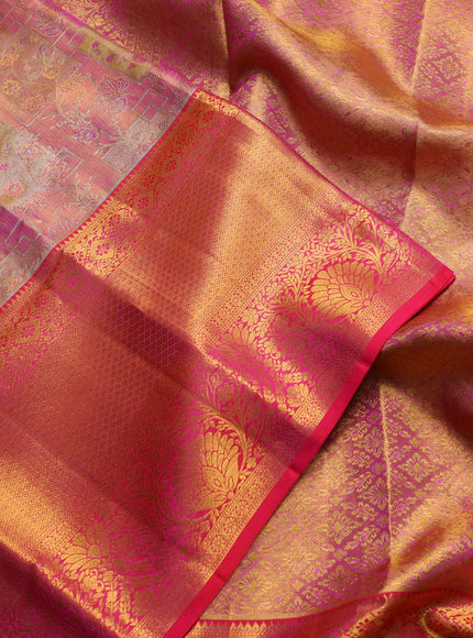 Pure kanchipuram tissue silk saree dual shade of light pink and pink with allover zari woven brocade weaves and long rich zari woven border