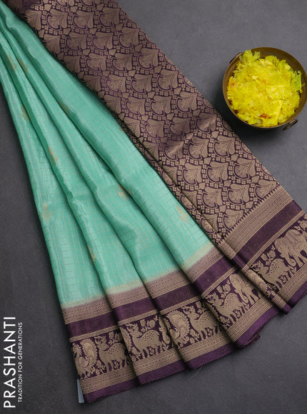 Semi mysore silk saree teal green and jamun shade with allover small zari checks & buttas and zari woven border