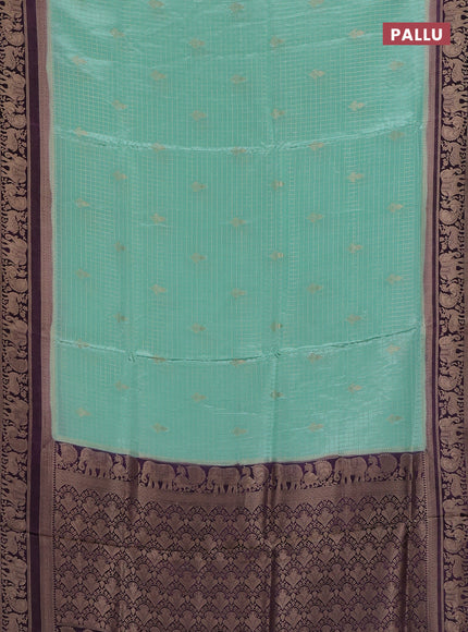 Semi mysore silk saree teal green and jamun shade with allover small zari checks & buttas and zari woven border