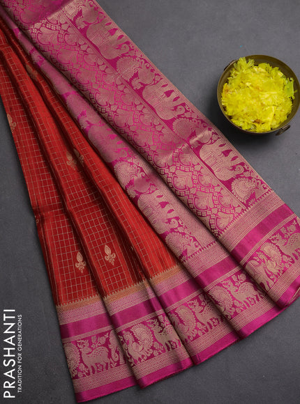 Semi mysore silk saree red and pink with allover small zari checks & buttas and zari woven border