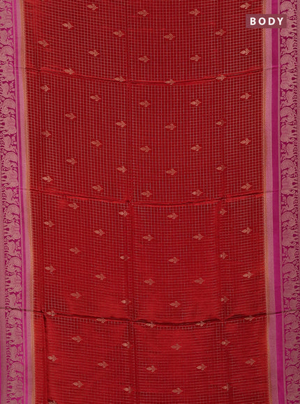 Semi mysore silk saree red and pink with allover small zari checks & buttas and zari woven border