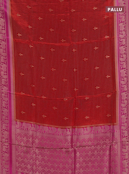 Semi mysore silk saree red and pink with allover small zari checks & buttas and zari woven border