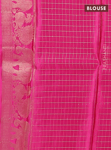 Semi mysore silk saree red and pink with allover small zari checks & buttas and zari woven border
