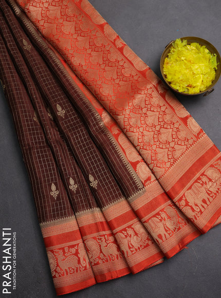 Semi mysore silk saree brown and orange with allover small zari checks & buttas and zari woven border
