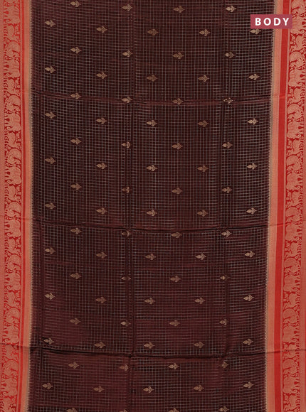 Semi mysore silk saree brown and orange with allover small zari checks & buttas and zari woven border