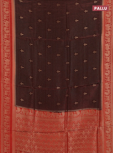 Semi mysore silk saree brown and orange with allover small zari checks & buttas and zari woven border