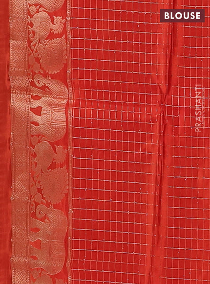 Semi mysore silk saree brown and orange with allover small zari checks & buttas and zari woven border