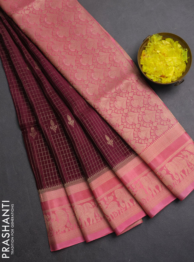 Semi mysore silk saree wine shade and light pink with allover small zari checks & buttas and zari woven border
