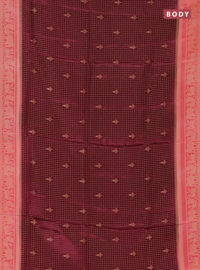 Semi mysore silk saree wine shade and light pink with allover small zari checks & buttas and zari woven border