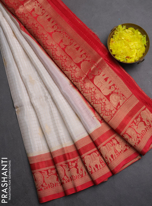 Semi mysore silk saree off white and red with allover small zari checks & buttas and zari woven border