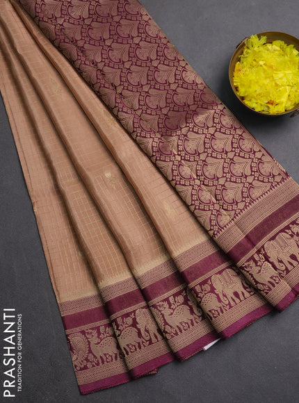 Semi mysore silk saree sandal and wine shade with allover small zari checks & buttas and zari woven border
