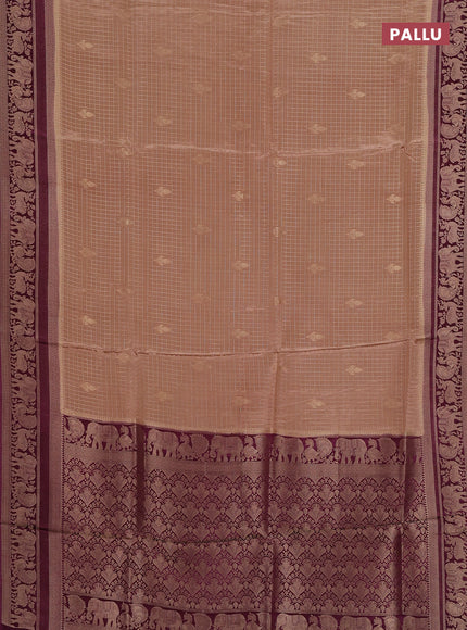 Semi mysore silk saree sandal and wine shade with allover small zari checks & buttas and zari woven border