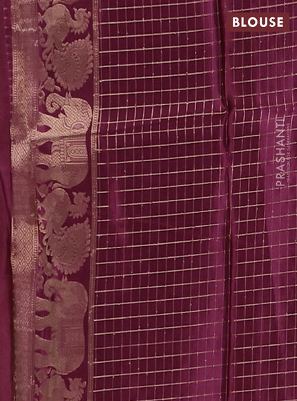 Semi mysore silk saree sandal and wine shade with allover small zari checks & buttas and zari woven border