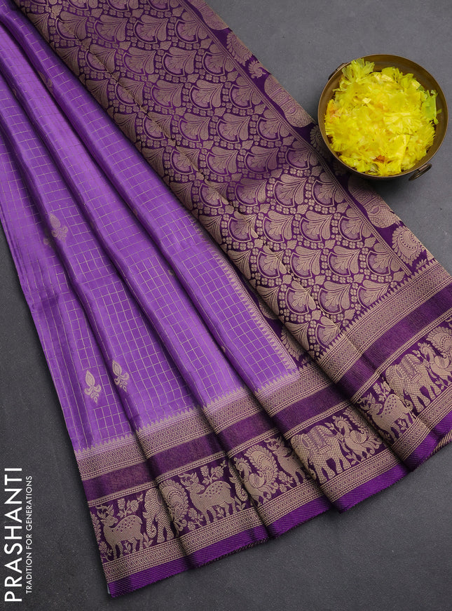 Semi mysore silk saree lavender and violet with allover small zari checks & buttas and zari woven border