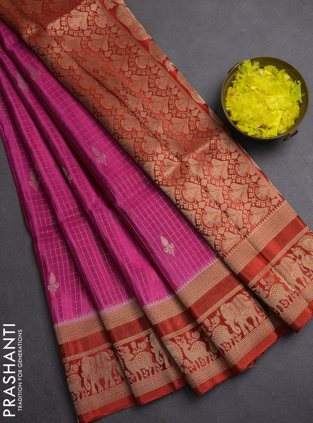 Semi mysore silk saree pink and orange with allover small zari checks & buttas and zari woven border