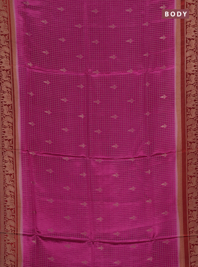 Semi mysore silk saree pink and orange with allover small zari checks & buttas and zari woven border
