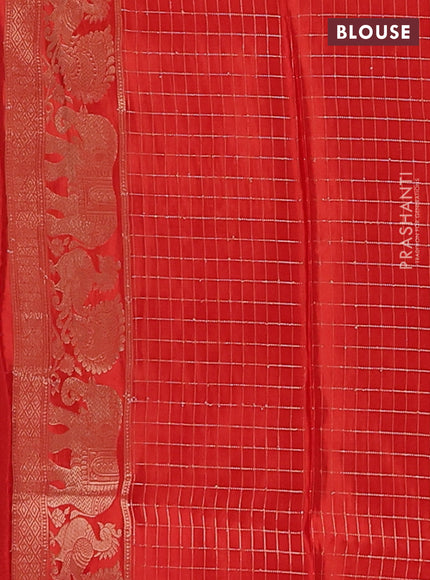 Semi mysore silk saree pink and orange with allover small zari checks & buttas and zari woven border