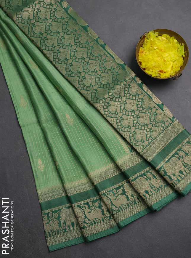 Semi mysore silk saree pastel green and green with allover small zari checks & buttas and zari woven border