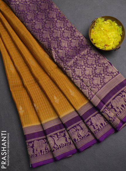 Semi mysore silk saree dark mustard and violet with allover small zari checks & buttas and zari woven border