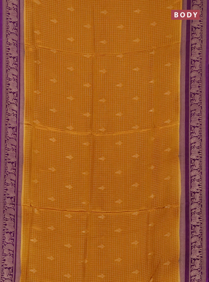Semi mysore silk saree dark mustard and violet with allover small zari checks & buttas and zari woven border