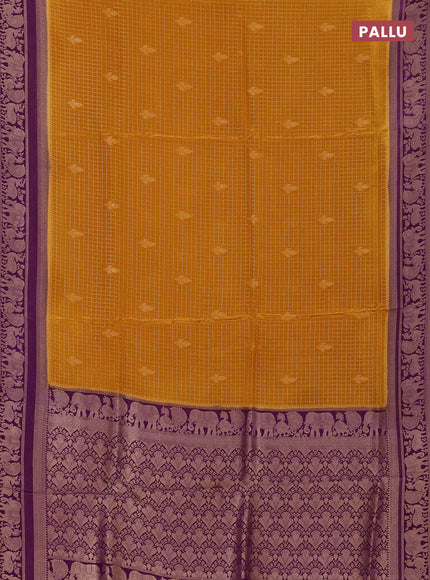 Semi mysore silk saree dark mustard and violet with allover small zari checks & buttas and zari woven border