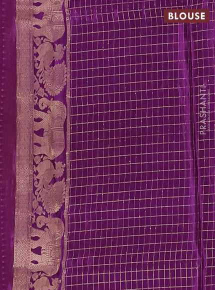 Semi mysore silk saree dark mustard and violet with allover small zari checks & buttas and zari woven border