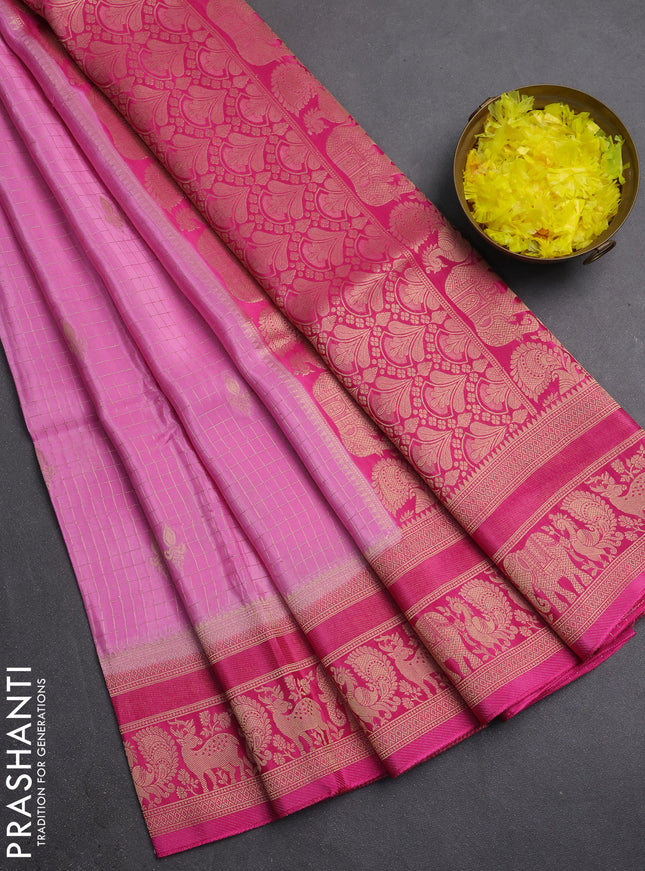 Semi mysore silk saree light pink and pink with allover small zari checks & buttas and zari woven border