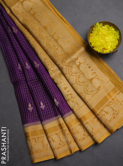 Semi mysore silk saree purple and dark mustard with allover small zari checks & buttas and zari woven border