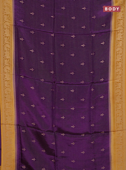 Semi mysore silk saree purple and dark mustard with allover small zari checks & buttas and zari woven border