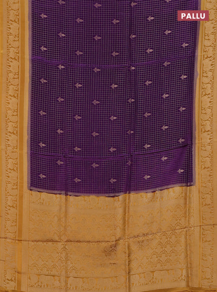 Semi mysore silk saree purple and dark mustard with allover small zari checks & buttas and zari woven border