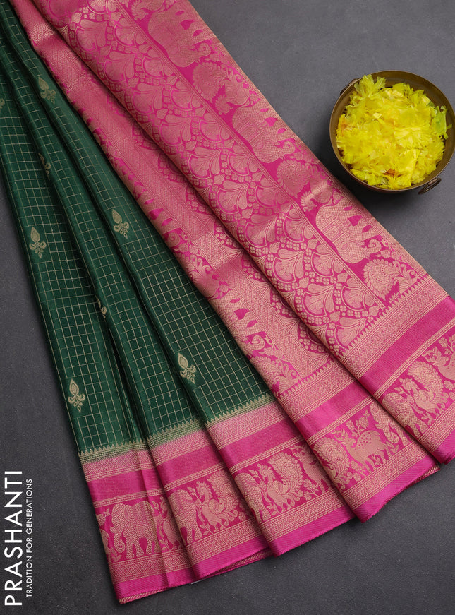 Semi mysore silk saree dark green and pink with allover small zari checks & buttas and zari woven border