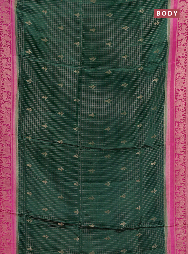 Semi mysore silk saree dark green and pink with allover small zari checks & buttas and zari woven border