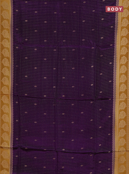 Semi mysore silk saree violet and dark mustard with allover small zari checks & buttas and floral zari woven border