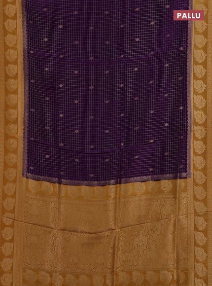 Semi mysore silk saree violet and dark mustard with allover small zari checks & buttas and floral zari woven border