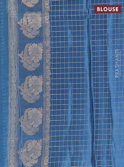 Semi mysore silk saree pastel blue shade and blue with allover small zari checks & buttas and floral zari woven border