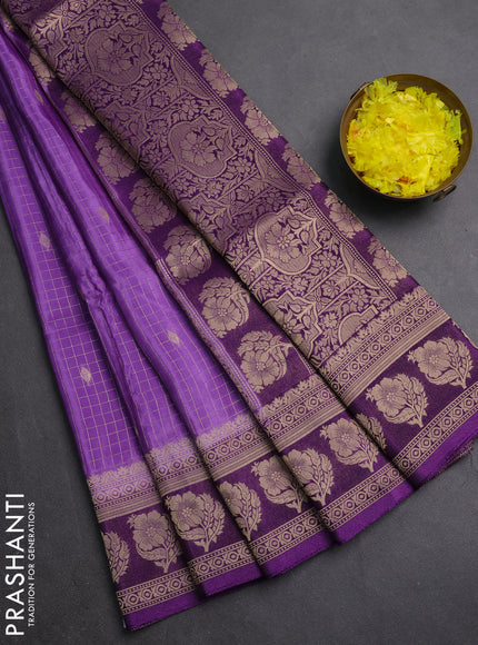 Semi mysore silk saree lavender and violet with allover small zari checks & buttas and floral zari woven border