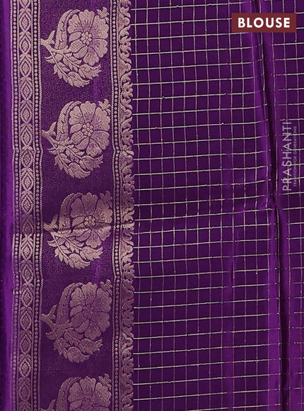 Semi mysore silk saree lavender and violet with allover small zari checks & buttas and floral zari woven border