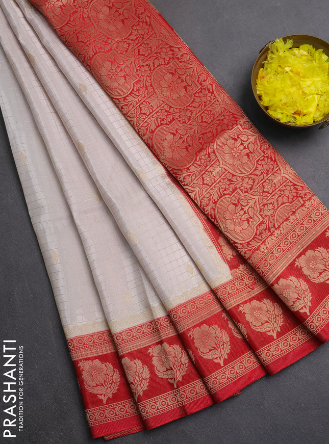 Semi mysore silk saree off white and red with allover small zari checks & buttas and floral zari woven border