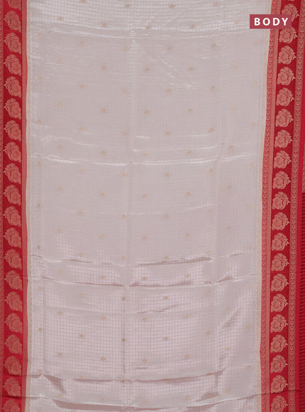 Semi mysore silk saree off white and red with allover small zari checks & buttas and floral zari woven border
